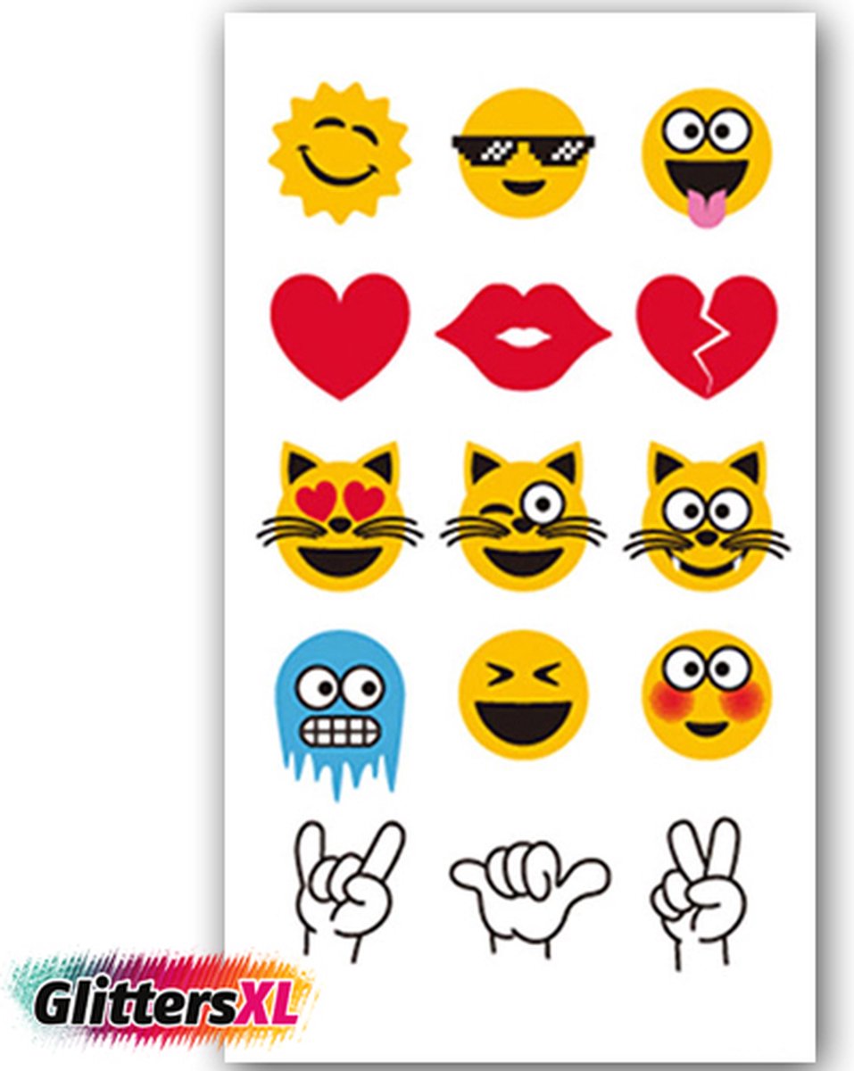 GlittersXL - Temporary Tattoo Emoji (10x6 cm) [Neptattoo - Tijdelijke tatoeage - Nep Fake Tattoos - Water overdraagbare festival sticker henna outfit tattoo - Glitter tattoo - Volwassenen Kinderen Jongen Meisje]